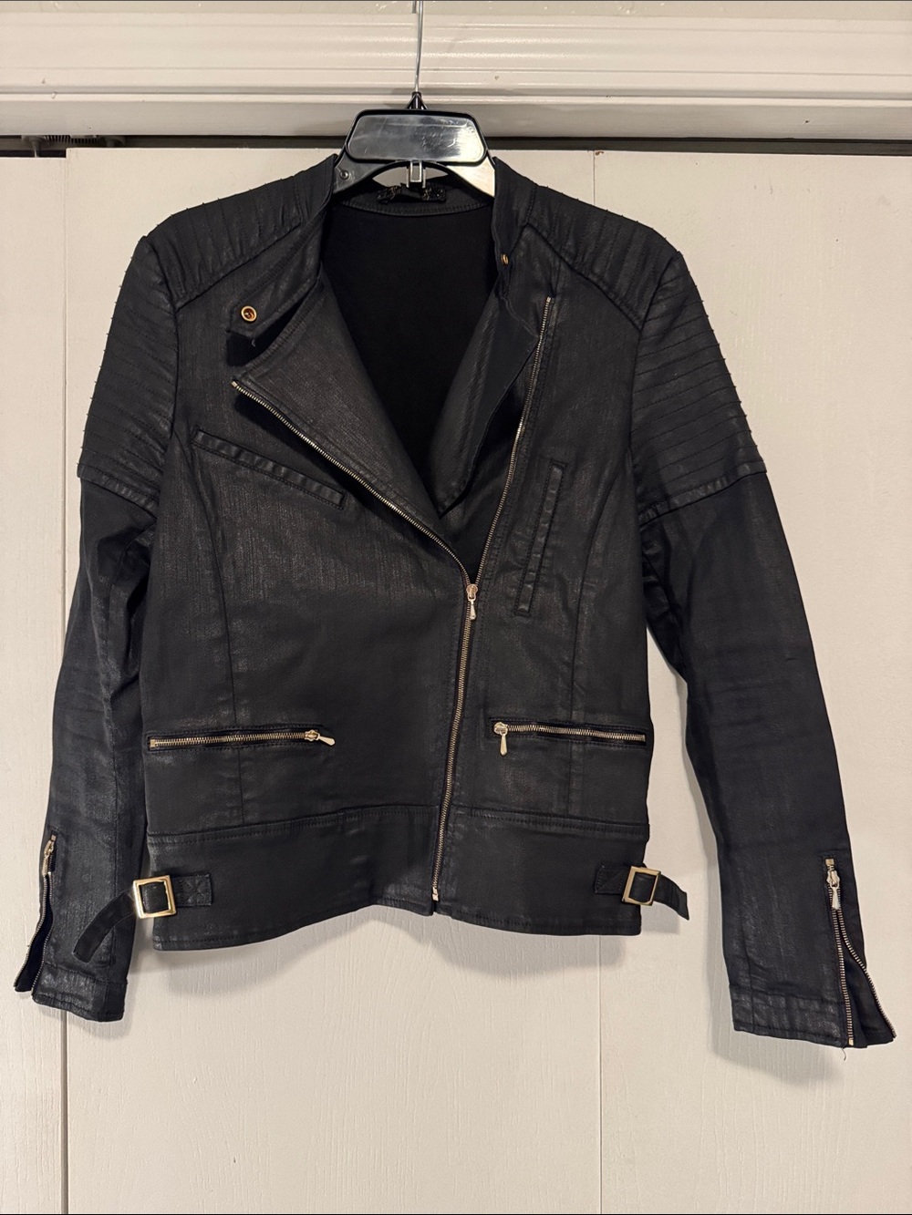 7 For All Mankind Black Leather Moto Jacket with Gold Hardware